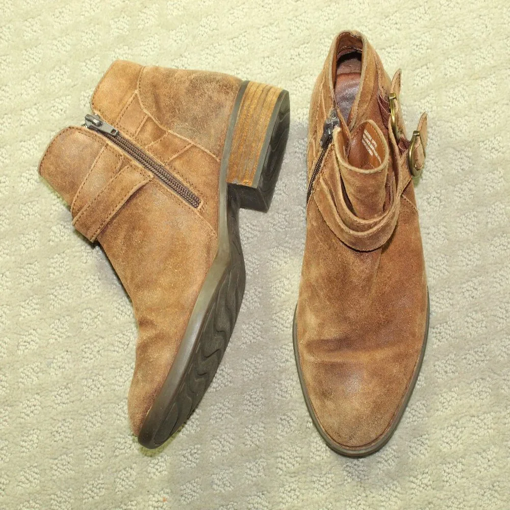 Born 8M Brown Side Zip Brown Distressed Suede Strappy Buckle Ankle Booties
